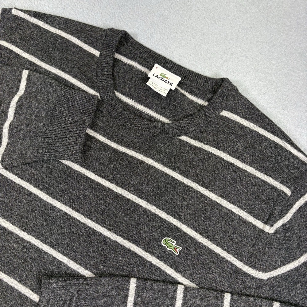 Vintage Lacoste Sweater Mens 6 XL 100% Pure Wool Gray Stripe Crocodile Logo
